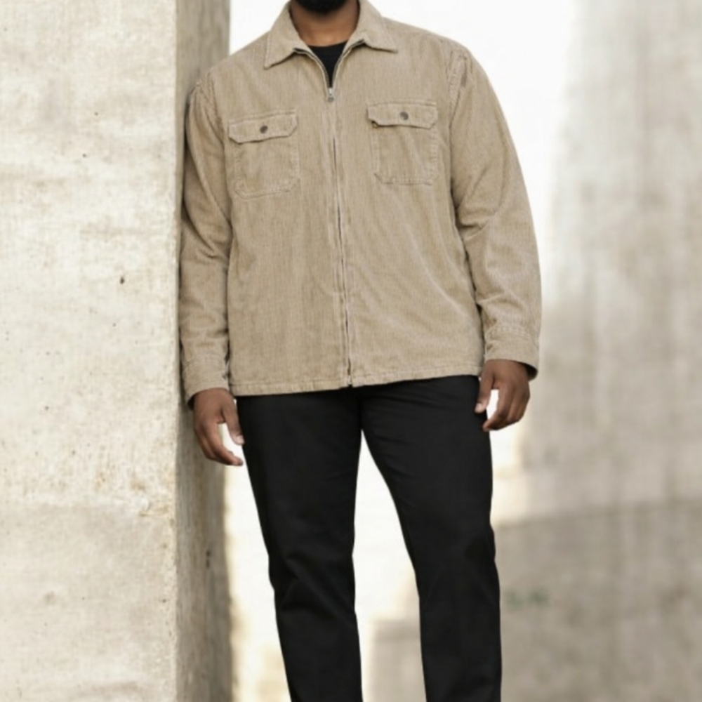 Mens Harbor Bay Beige Corduroy Shirt Jacket with Zipp-up 100% Cotton Classy Soft